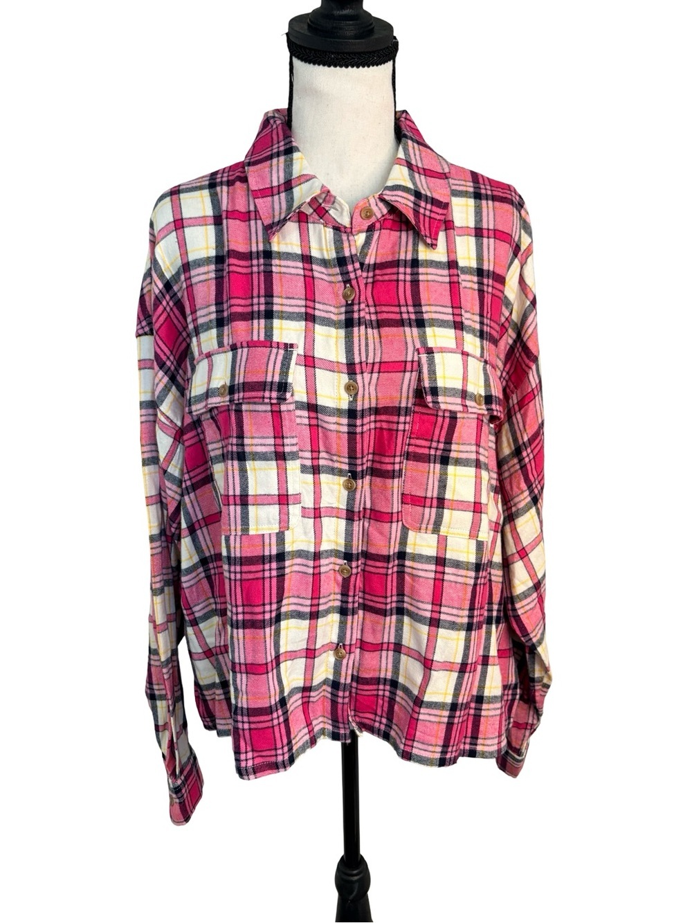 Lucky Brand BNWT Pink Plaid Cropped Flannel Shirt XL